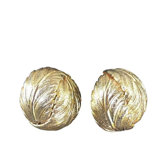 Vintage 80's Oversized Gold Tone Round Leaf Clip Earrings I Magnin - Picture 1 of 4